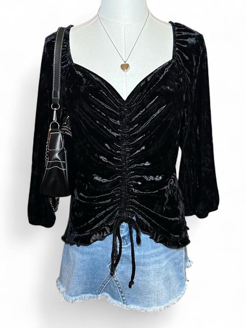 by & by Black Velvet Ruched V-Neck Drawstring Top 90s Whimsygoth Witchy Vampy